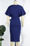 Elegant Solid Patchwork Fold Zipper O Neck Wrapped Skirt Dresses(With Belt)