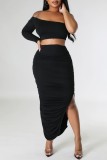 Casual Solid Slit Fold Oblique Collar Long Sleeve Two Pieces