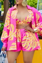 Casual Print Patchwork Turndown Collar Long Sleeve Three Piece Set