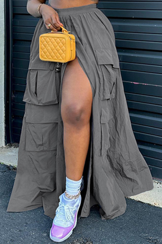 Street Solid Patchwork Pocket High Opening Loose High Waist Type A Solid Color Bottoms