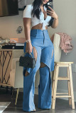 Casual Solid Hollowed Out Patchwork Regular High Waist Conventional Solid Color Trousers