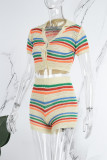 Casual Striped Patchwork V Neck Short Sleeve Two Pieces