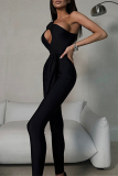 Sexy Solid Hollowed Out Patchwork Frenulum Oblique Collar Skinny Jumpsuits