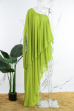 Elegant Solid Fold Mesh Oblique Collar Irregular Dress Dresses