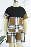 Casual Plaid Print Patchwork O Neck Short Sleeve Two Pieces