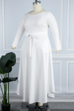 Elegant Solid Patchwork O Neck Waist Skirt Plus Size Dresses(With Belt)
