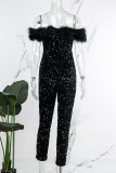 Elegant Solid Patchwork Feathers Beading Strapless Regular Jumpsuits