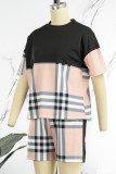Casual Plaid Print Patchwork O Neck Short Sleeve Two Pieces