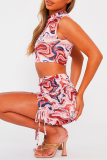 Sexy Print Patchwork Draw String Fold Half A Turtleneck Sleeveless Two Pieces
