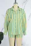 Casual Striped Print Patchwork Turndown Collar Long Sleeve Two Pieces