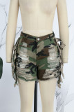 Casual Camouflage Print Tassel Patchwork Skinny High Waist Conventional Shorts (Subject To The Actual Object)