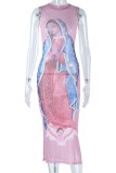 Sexy Casual Print See-through Slit O Neck Long Dress Dresses