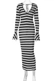 Casual Striped Print Basic V Neck One Step Skirt Dresses