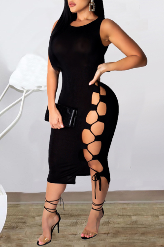 Sexy Solid Hollowed Out Strap Design O Neck One Step Skirt Dresses