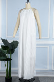 Casual Solid Frenulum Pleated O Neck Long Dress Dresses