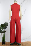 Casual Solid Hollowed Out Frenulum Pleated V Neck Regular Jumpsuits