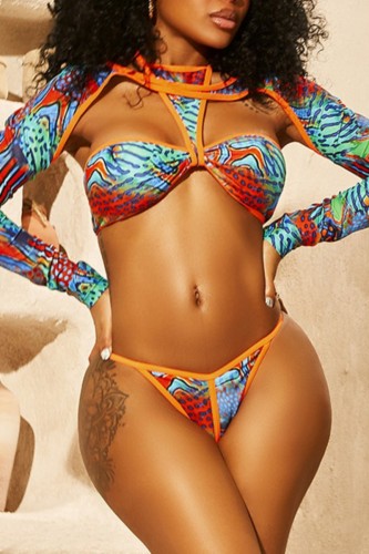 Sexy Print Hollowed Out Patchwork Swimsuit Three Piece Set (Without Paddings)