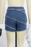 Casual Solid Patchwork Mid Waist Skinny Denim Shorts