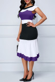 Elegant Color Lump Flounce Contrast Zipper O Neck Wrapped Skirt Dresses