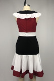 Elegant Color Lump Flounce Contrast Zipper O Neck Wrapped Skirt Dresses