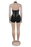 Sexy Patchwork Hot Drilling Hollowed Out Backless Halter Skinny Romper