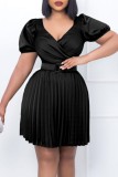 Casual Solid Patchwork With Belt V Neck Pleated Short Sleeve Dress