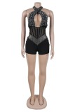 Sexy Patchwork Hot Drilling Hollowed Out Backless Halter Skinny Romper