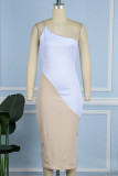 Elegant Color Lump Backless Slit Contrast Oblique Collar Wrapped Skirt Dresses