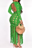Sexy Casual Solid Tassel Hollowed Out See-through Square Collar Long Sleeve Dresses