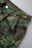 Casual Camouflage Print Ripped Patchwork High Waist Skinny Denim Shorts