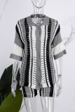 Casual Striped Hollowed Out Buttons Contrast Turndown Collar Half Sleeve Two Pieces