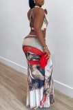 Sexy Print Backless Oblique Collar Sleeveless Two Pieces