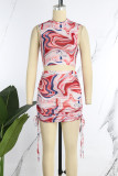 Sexy Print Patchwork Draw String Fold Half A Turtleneck Sleeveless Two Pieces