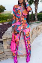 Casual Print Fold Turndown Collar Shirt Dress Dresses