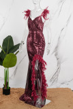 Solid Sequins Patchwork Feathers Backless V Neck Irregular Dress Dresses