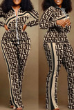 Casual Print Patchwork Contrast Turndown Collar Plus Size Two Pieces