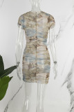 Casual Print Fold V Neck Short Sleeve Dress
