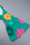 Casual Print Patchwork Buttons Fold V Neck A Line Dresses