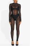 Sexy Solid Patchwork See-through O Neck Skinny Jumpsuits