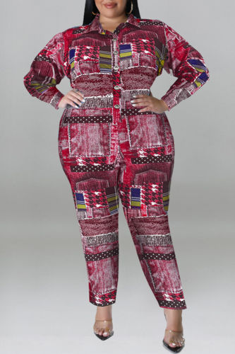 Casual Print Patchwork Buckle Turndown Collar Plus Size Jumpsuits