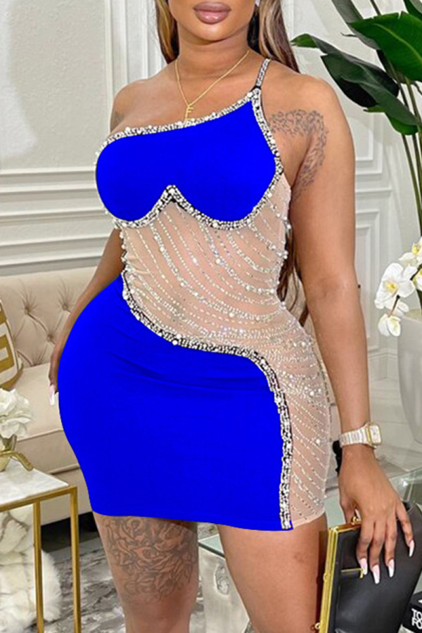 Sexy Patchwork Hot Drilling See-through Backless Oblique Collar Sling Dress Dresses