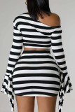 Casual Striped Print Patchwork Oblique Collar Long Sleeve Two Pieces