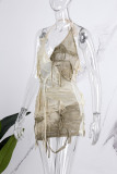 Sexy Print Bandage Tie-dye Backless Halter Sleeveless Dress Dresses