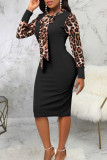 Sexy British Style Elegant Leopard Patchwork Printing O Neck Wrapped Skirt Dresses