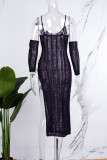Sexy Solid Hollowed Out See-through Backless Slit U Neck Sling Dress (With Sleeves)