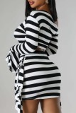 Casual Striped Print Patchwork Oblique Collar Long Sleeve Two Pieces