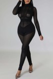 Casual Solid Patchwork See-through Turtleneck Skinny Jumpsuits
