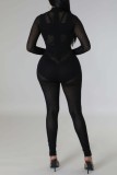 Casual Solid Patchwork See-through Turtleneck Skinny Jumpsuits