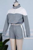 Casual Patchwork Contrast Mandarin Collar Long Sleeve Two Pieces