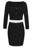 Elegant Solid Patchwork Buckle Square Collar Long Sleeve Two Pieces